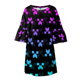Детское платье 3D с принтом MINECRAFT CREEPER NEON в Петрозаводске, 100% полиэстер | прямой силуэт, чуть расширенный к низу. Круглая горловина, на рукавах — воланы | Тематика изображения на принте: block | creeper | cube | minecraft | neon | pixel | блок | геометрия | крафт | крипер | кубики | майнкрафт | неон | пиксели