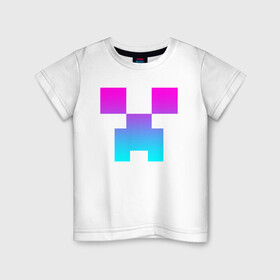 Детская футболка хлопок с принтом MINECRAFT CREEPER NEON в Петрозаводске, 100% хлопок | круглый вырез горловины, полуприлегающий силуэт, длина до линии бедер | block | creeper | cube | minecraft | pixel | блок | геометрия | крафт | крипер | кубики | майнкрафт | пиксели