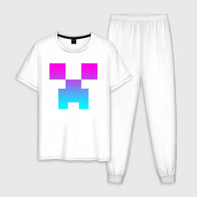 Мужская пижама хлопок с принтом MINECRAFT CREEPER NEON в Петрозаводске, 100% хлопок | брюки и футболка прямого кроя, без карманов, на брюках мягкая резинка на поясе и по низу штанин
 | block | creeper | cube | minecraft | pixel | блок | геометрия | крафт | крипер | кубики | майнкрафт | пиксели