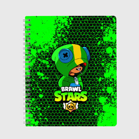 Тетрадь с принтом Brawl Stars LEON в Петрозаводске, 100% бумага | 48 листов, плотность листов — 60 г/м2, плотность картонной обложки — 250 г/м2. Листы скреплены сбоку удобной пружинной спиралью. Уголки страниц и обложки скругленные. Цвет линий — светло-серый
 | 8 bit | 8 бит | bibi | brawl | brawl stars | crow | leon | spike | sprout | stars | бравл | бравл старс | браво старс | игра | компьютерная | кров | леон | онлайн | старс