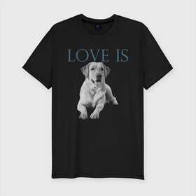 Мужская футболка хлопок Slim с принтом Любовь - это лабрадор в Петрозаводске, 92% хлопок, 8% лайкра | приталенный силуэт, круглый вырез ворота, длина до линии бедра, короткий рукав | дрессировка | забота | лабр | лабрадор | лабрадор ретривер | любовь | собака | собаки | собачка | собачник | увлечение | хобби