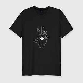 Мужская футболка премиум с принтом Sighted hand в Петрозаводске, 92% хлопок, 8% лайкра | приталенный силуэт, круглый вырез ворота, длина до линии бедра, короткий рукав | глаз | зомби | монстр | рука | рука с глазом | страшный | чудовище