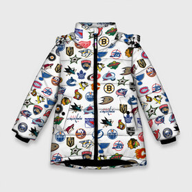 Зимняя куртка для девочек 3D с принтом NHL PATTERN (Z) в Петрозаводске, ткань верха — 100% полиэстер; подклад — 100% полиэстер, утеплитель — 100% полиэстер. | длина ниже бедра, удлиненная спинка, воротник стойка и отстегивающийся капюшон. Есть боковые карманы с листочкой на кнопках, утяжки по низу изделия и внутренний карман на молнии. 

Предусмотрены светоотражающий принт на спинке, радужный светоотражающий элемент на пуллере молнии и на резинке для утяжки. | anaheim ducks | arizona coyotes | boston bruins | buffalo sabres | calgary flames | canadiens de montreal | carolina hurricanes | chicago blackhawks | colorado | hockey | nhl | нхл | паттерн | спорт | хоккей