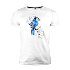 Мужская футболка премиум с принтом Голубая сойка в Петрозаводске, 92% хлопок, 8% лайкра | приталенный силуэт, круглый вырез ворота, длина до линии бедра, короткий рукав | акварель | акварельная | арт | весна | голубая | графика | дизайн | дикая | животные | иллюстрация | искусство | картина | картинка | классная | красивая | лето | модный | принт | природа | птица