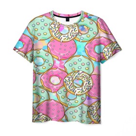 Мужская футболка 3D с принтом Пончики в Петрозаводске, 100% полиэфир | прямой крой, круглый вырез горловины, длина до линии бедер | blue | pink | арт | голубая | гомер | девушке | детская | еда | красивая | летняя | липкая | парню | подарок | пончик | пончики | пп | прикольная | противная | ребёнку | розовая | светлая | текстура | цветная