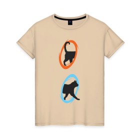 Женская футболка хлопок с принтом Portal Cat в Петрозаводске, 100% хлопок | прямой крой, круглый вырез горловины, длина до линии бедер, слегка спущенное плечо | cats | portal the game | арт | животные | картинка | кот | коты | кошка | портал | порталы | рисунок