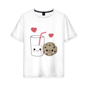 Женская футболка хлопок Oversize с принтом Milk and Cookies Love в Петрозаводске, 100% хлопок | свободный крой, круглый ворот, спущенный рукав, длина до линии бедер
 | coockie | friend | minimalism | дружба | любовь | минимализм | молоко | печенье | печенька | печеньки