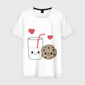 Мужская футболка хлопок с принтом Milk and Cookies Love в Петрозаводске, 100% хлопок | прямой крой, круглый вырез горловины, длина до линии бедер, слегка спущенное плечо. | coockie | friend | minimalism | дружба | любовь | минимализм | молоко | печенье | печенька | печеньки