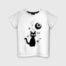 Детская футболка хлопок с принтом Jiji Cat в Петрозаводске, 100% хлопок | круглый вырез горловины, полуприлегающий силуэт, длина до линии бедер | Тематика изображения на принте: cat | jiji | kitty | аниме | ведьма | гибли | джиджи | животные | кот | котенок | кошка | миядзаки | мульт | мультфильм | тоторо