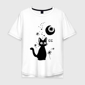 Мужская футболка хлопок Oversize с принтом Jiji Cat в Петрозаводске, 100% хлопок | свободный крой, круглый ворот, “спинка” длиннее передней части | Тематика изображения на принте: cat | jiji | kitty | аниме | ведьма | гибли | джиджи | животные | кот | котенок | кошка | миядзаки | мульт | мультфильм | тоторо
