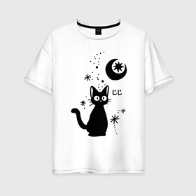 Женская футболка хлопок Oversize с принтом Jiji Cat в Петрозаводске, 100% хлопок | свободный крой, круглый ворот, спущенный рукав, длина до линии бедер
 | cat | jiji | kitty | аниме | ведьма | гибли | джиджи | животные | кот | котенок | кошка | миядзаки | мульт | мультфильм | тоторо