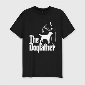 Мужская футболка хлопок Slim с принтом The Dogfather - пародия в Петрозаводске, 92% хлопок, 8% лайкра | приталенный силуэт, круглый вырез ворота, длина до линии бедра, короткий рукав | godfather | крестный отец | лабрадор | ретривер | собака | собачник | хобби