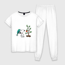 Женская пижама хлопок с принтом Снупи и ёлка в Петрозаводске, 100% хлопок | брюки и футболка прямого кроя, без карманов, на брюках мягкая резинка на поясе и по низу штанин | 