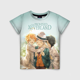 Детская футболка 3D с принтом The Promised Neverland в Петрозаводске, 100% гипоаллергенный полиэфир | прямой крой, круглый вырез горловины, длина до линии бедер, чуть спущенное плечо, ткань немного тянется | Тематика изображения на принте: anime | emma | mango | the promised neverland | yakusoku no neverland | аниме | манга | обещанная страна грёз | обещанный неверленд