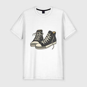 Мужская футболка хлопок Slim с принтом Кроссовки в Петрозаводске, 92% хлопок, 8% лайкра | приталенный силуэт, круглый вырез ворота, длина до линии бедра, короткий рукав | арт | бабочка | белый | кроссовки | лето | обувь | темный | узел | черный | шнурки