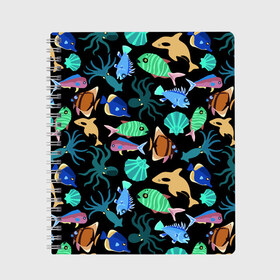 Тетрадь с принтом Summer в Петрозаводске, 100% бумага | 48 листов, плотность листов — 60 г/м2, плотность картонной обложки — 250 г/м2. Листы скреплены сбоку удобной пружинной спиралью. Уголки страниц и обложки скругленные. Цвет линий — светло-серый
 | color | design | fashion | fish | paint | shell | squid | summer | vanguard | авангард | дизайн | кальмар | краска | лето | мода | ракушка | рыба | цвет
