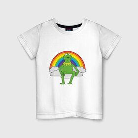 Детская футболка хлопок с принтом Лягушонок Кермит в Петрозаводске, 100% хлопок | круглый вырез горловины, полуприлегающий силуэт, длина до линии бедер | rainbow | герой | животные | зелёный | кермит | лягушка | мультик | мультфильм | персонаж | радуга | улица сезам | цветной
