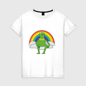Женская футболка хлопок с принтом Лягушонок Кермит в Петрозаводске, 100% хлопок | прямой крой, круглый вырез горловины, длина до линии бедер, слегка спущенное плечо | rainbow | герой | животные | зелёный | кермит | лягушка | мультик | мультфильм | персонаж | радуга | улица сезам | цветной