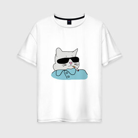 Женская футболка хлопок Oversize с принтом Крутой кот в Петрозаводске, 100% хлопок | свободный крой, круглый ворот, спущенный рукав, длина до линии бедер
 | mem | арт | животные | картинка | кот в очках | котик | кошка | мем | прикол | рисунок | смешной кот