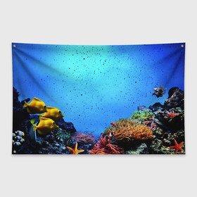 Флаг-баннер с принтом Подводный мир в Петрозаводске, 100% полиэстер | размер 67 х 109 см, плотность ткани — 95 г/м2; по краям флага есть четыре люверса для крепления | Тематика изображения на принте: аква | аквариум | актинии | вода | море | морские | морские звезды | морской | океан | под водой | подводный мир | пузырьки | рыба | рыба клоун | рыбы