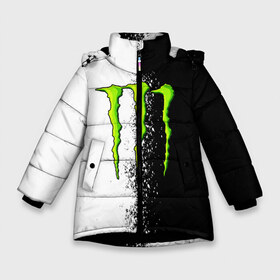 Зимняя куртка для девочек 3D с принтом MONSTER ENERGY в Петрозаводске, ткань верха — 100% полиэстер; подклад — 100% полиэстер, утеплитель — 100% полиэстер. | длина ниже бедра, удлиненная спинка, воротник стойка и отстегивающийся капюшон. Есть боковые карманы с листочкой на кнопках, утяжки по низу изделия и внутренний карман на молнии. 

Предусмотрены светоотражающий принт на спинке, радужный светоотражающий элемент на пуллере молнии и на резинке для утяжки. | black monster | bmx | claw | cybersport | energy | monster | monster energy | moto | motocross | race | sport | киберспорт | когти | монстер энерджи | монстр | мото | мотокросс | ралли | скейтбординг | спорт | энергия