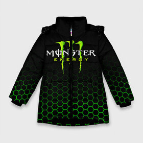 Зимняя куртка для девочек 3D с принтом MONSTER ENERGY в Петрозаводске, ткань верха — 100% полиэстер; подклад — 100% полиэстер, утеплитель — 100% полиэстер. | длина ниже бедра, удлиненная спинка, воротник стойка и отстегивающийся капюшон. Есть боковые карманы с листочкой на кнопках, утяжки по низу изделия и внутренний карман на молнии. 

Предусмотрены светоотражающий принт на спинке, радужный светоотражающий элемент на пуллере молнии и на резинке для утяжки. | black monster | bmx | claw | cybersport | energy | monster | monster energy | moto | motocross | race | sport | киберспорт | когти | монстер энерджи | монстр | мото | мотокросс | ралли | скейтбординг | спорт | энергия