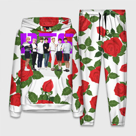 Женский костюм 3D (с толстовкой) с принтом BTS Roses | White в Петрозаводске,  |  | bangtan boys | bt21 | bts | bts army | j hope | jimin | jin | jungkook | k pop | korea | korean | pink bts | rap monster | rapmon | suga | v | бтс | кей | корейские | корея | кэй | музыканты | поп | розовая | стикеры