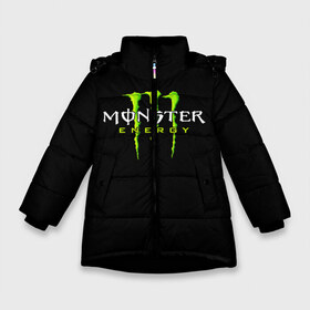 Зимняя куртка для девочек 3D с принтом MONSTER ENERGY в Петрозаводске, ткань верха — 100% полиэстер; подклад — 100% полиэстер, утеплитель — 100% полиэстер. | длина ниже бедра, удлиненная спинка, воротник стойка и отстегивающийся капюшон. Есть боковые карманы с листочкой на кнопках, утяжки по низу изделия и внутренний карман на молнии. 

Предусмотрены светоотражающий принт на спинке, радужный светоотражающий элемент на пуллере молнии и на резинке для утяжки. | black monster | bmx | claw | cybersport | energy | monster | monster energy | moto | motocross | race | sport | киберспорт | когти | монстер энерджи | монстр | мото | мотокросс | ралли | скейтбординг | спорт | энергия