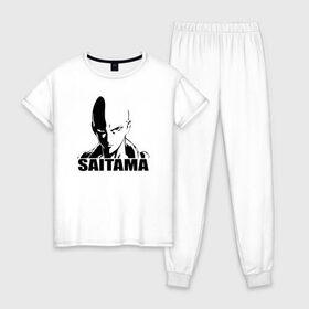 Женская пижама хлопок с принтом Saitama в Петрозаводске, 100% хлопок | брюки и футболка прямого кроя, без карманов, на брюках мягкая резинка на поясе и по низу штанин | one punch man | saitama | ванпанчмен | герои | люди | персонажи | сайтама