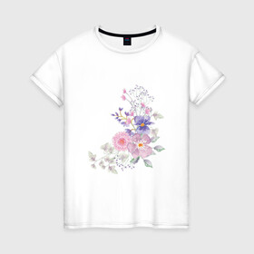 Женская футболка хлопок с принтом Акварельный цветы в Петрозаводске, 100% хлопок | прямой крой, круглый вырез горловины, длина до линии бедер, слегка спущенное плечо | акварель | арт | зеленый | лето | полевые цветы | рисунок | розовый | синий | фиолетовый | цветы
