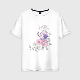 Женская футболка хлопок Oversize с принтом Акварельный цветы в Петрозаводске, 100% хлопок | свободный крой, круглый ворот, спущенный рукав, длина до линии бедер
 | акварель | арт | зеленый | лето | полевые цветы | рисунок | розовый | синий | фиолетовый | цветы