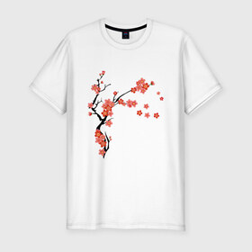 Мужская футболка хлопок Slim с принтом Красная сакура в Петрозаводске, 92% хлопок, 8% лайкра | приталенный силуэт, круглый вырез ворота, длина до линии бедра, короткий рукав | весна | ветка | дерево | красный | лето | распустились цветы | сакура | цветет