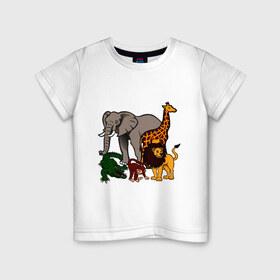 Детская футболка хлопок с принтом Африка в Петрозаводске, 100% хлопок | круглый вырез горловины, полуприлегающий силуэт, длина до линии бедер | африка | детские | животные | жираф | звери | зоопарк | картинки | крокодил | лев | мультфильмы | обезьяна | прикольные | природа | слон