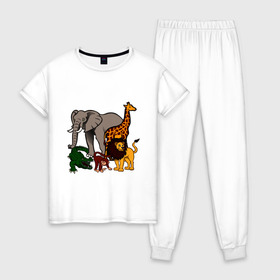 Женская пижама хлопок с принтом Африка в Петрозаводске, 100% хлопок | брюки и футболка прямого кроя, без карманов, на брюках мягкая резинка на поясе и по низу штанин | африка | детские | животные | жираф | звери | зоопарк | картинки | крокодил | лев | мультфильмы | обезьяна | прикольные | природа | слон