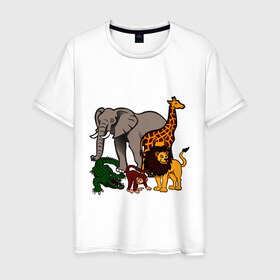 Мужская футболка хлопок с принтом Африка в Петрозаводске, 100% хлопок | прямой крой, круглый вырез горловины, длина до линии бедер, слегка спущенное плечо. | африка | детские | животные | жираф | звери | зоопарк | картинки | крокодил | лев | мультфильмы | обезьяна | прикольные | природа | слон