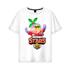 Женская футболка хлопок Oversize с принтом BRAWL STARS TROPICAL SPROUT. в Петрозаводске, 100% хлопок | свободный крой, круглый ворот, спущенный рукав, длина до линии бедер
 | brawl stars | crow | gale | leon | leon shark | max | mr.p | sally leon | shark | sprout | tara | tropical sprout | virus 8 bit | werewolf leon | акула | берли | бравл старс | ворон | макс | оборотень