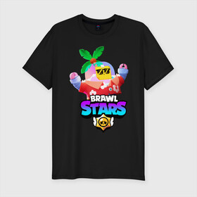 Мужская футболка хлопок Slim с принтом BRAWL STARS TROPICAL SPROUT. в Петрозаводске, 92% хлопок, 8% лайкра | приталенный силуэт, круглый вырез ворота, длина до линии бедра, короткий рукав | brawl stars | crow | gale | leon | leon shark | max | mr.p | sally leon | shark | sprout | tara | tropical sprout | virus 8 bit | werewolf leon | акула | берли | бравл старс | ворон | макс | оборотень