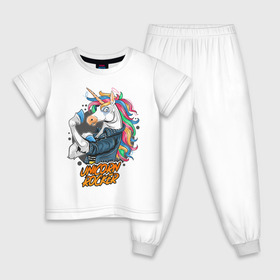 Детская пижама хлопок с принтом Unicorn Rocker в Петрозаводске, 100% хлопок |  брюки и футболка прямого кроя, без карманов, на брюках мягкая резинка на поясе и по низу штанин
 | art | rock | rocker | unicorn | арт | единорог | животные | картинка | рисунок | рок | рокер