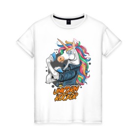 Женская футболка хлопок с принтом Unicorn Rocker в Петрозаводске, 100% хлопок | прямой крой, круглый вырез горловины, длина до линии бедер, слегка спущенное плечо | art | rock | rocker | unicorn | арт | единорог | животные | картинка | рисунок | рок | рокер