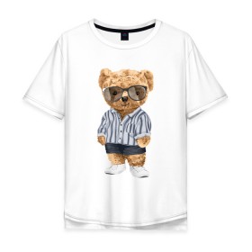 Мужская футболка хлопок Oversize с принтом Модный плюшевый медведь в Петрозаводске, 100% хлопок | свободный крой, круглый ворот, “спинка” длиннее передней части | арт | животные | игрушка | картинка | крутой медведь | медведь | медвежонок | мишка | мода | модный медведь | плюшевый | плюшевый медведь | рисунок