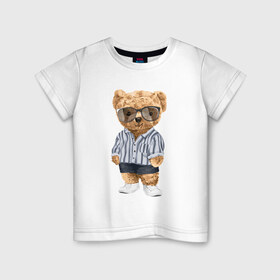 Детская футболка хлопок с принтом Модный плюшевый медведь в Петрозаводске, 100% хлопок | круглый вырез горловины, полуприлегающий силуэт, длина до линии бедер | арт | животные | игрушка | картинка | крутой медведь | медведь | медвежонок | мишка | мода | модный медведь | плюшевый | плюшевый медведь | рисунок