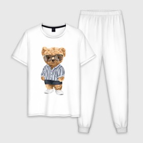 Мужская пижама хлопок с принтом Модный плюшевый медведь в Петрозаводске, 100% хлопок | брюки и футболка прямого кроя, без карманов, на брюках мягкая резинка на поясе и по низу штанин
 | арт | животные | игрушка | картинка | крутой медведь | медведь | медвежонок | мишка | мода | модный медведь | плюшевый | плюшевый медведь | рисунок