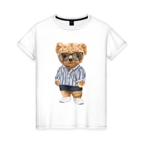 Женская футболка хлопок с принтом Модный плюшевый медведь в Петрозаводске, 100% хлопок | прямой крой, круглый вырез горловины, длина до линии бедер, слегка спущенное плечо | арт | животные | игрушка | картинка | крутой медведь | медведь | медвежонок | мишка | мода | модный медведь | плюшевый | плюшевый медведь | рисунок