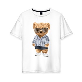 Женская футболка хлопок Oversize с принтом Модный плюшевый медведь в Петрозаводске, 100% хлопок | свободный крой, круглый ворот, спущенный рукав, длина до линии бедер
 | арт | животные | игрушка | картинка | крутой медведь | медведь | медвежонок | мишка | мода | модный медведь | плюшевый | плюшевый медведь | рисунок