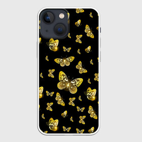 Чехол для iPhone 13 mini с принтом Golden Butterfly pattern в Петрозаводске,  |  | black | pattern | summer | wings | ангел | бабочка | бабочки | блестки | блестящий | девушке | желтые | животные | звери | золото | золотые | крылья | летать | летний | лето | мотылек | насекомое | ночные | паттерн