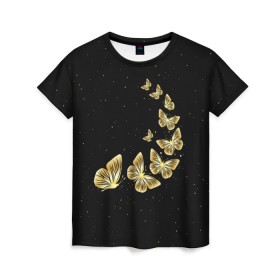 Женская футболка 3D с принтом Golden Butterfly in Space в Петрозаводске, 100% полиэфир ( синтетическое хлопкоподобное полотно) | прямой крой, круглый вырез горловины, длина до линии бедер | Тематика изображения на принте: black | summer | wings | ангел | бабочка | бабочки | блестки | блестящий | девушке | желтые | животные | звезды | звери | золото | золотые | космос | крылья | летать | летний | лето | мотылек | насекомое | ночные