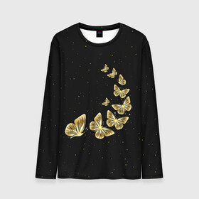 Мужской лонгслив 3D с принтом Golden Butterfly in Space в Петрозаводске, 100% полиэстер | длинные рукава, круглый вырез горловины, полуприлегающий силуэт | black | summer | wings | ангел | бабочка | бабочки | блестки | блестящий | девушке | желтые | животные | звезды | звери | золото | золотые | космос | крылья | летать | летний | лето | мотылек | насекомое | ночные