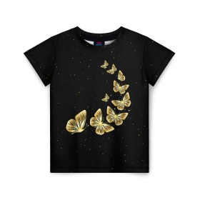Детская футболка 3D с принтом Golden Butterfly in Space в Петрозаводске, 100% гипоаллергенный полиэфир | прямой крой, круглый вырез горловины, длина до линии бедер, чуть спущенное плечо, ткань немного тянется | black | summer | wings | ангел | бабочка | бабочки | блестки | блестящий | девушке | желтые | животные | звезды | звери | золото | золотые | космос | крылья | летать | летний | лето | мотылек | насекомое | ночные
