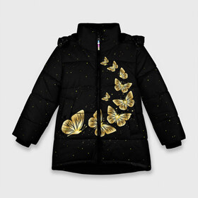 Зимняя куртка для девочек 3D с принтом Golden Butterfly in Space в Петрозаводске, ткань верха — 100% полиэстер; подклад — 100% полиэстер, утеплитель — 100% полиэстер. | длина ниже бедра, удлиненная спинка, воротник стойка и отстегивающийся капюшон. Есть боковые карманы с листочкой на кнопках, утяжки по низу изделия и внутренний карман на молнии. 

Предусмотрены светоотражающий принт на спинке, радужный светоотражающий элемент на пуллере молнии и на резинке для утяжки. | black | summer | wings | ангел | бабочка | бабочки | блестки | блестящий | девушке | желтые | животные | звезды | звери | золото | золотые | космос | крылья | летать | летний | лето | мотылек | насекомое | ночные