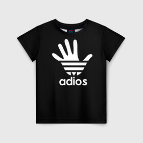Детская футболка 3D с принтом Adios в Петрозаводске, 100% гипоаллергенный полиэфир | прямой крой, круглый вырез горловины, длина до линии бедер, чуть спущенное плечо, ткань немного тянется | Тематика изображения на принте: adidas | adios | адидас | адьос | бренд | ладонь | мем | отпечаток | рука